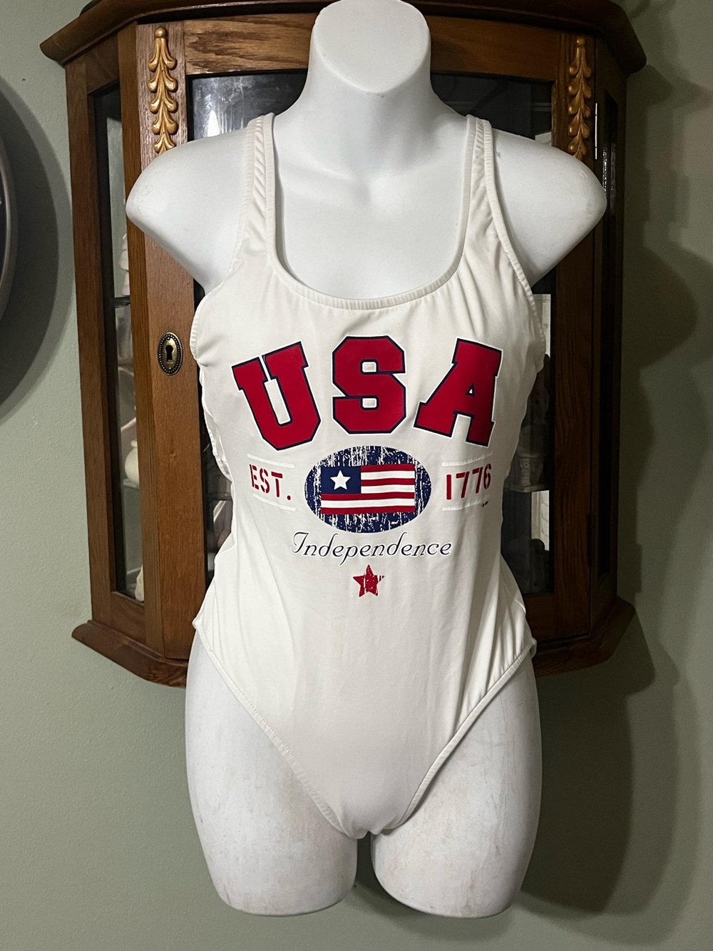 Vintage 80s Venus USA American One Piece Flag White Swimsuit Medium